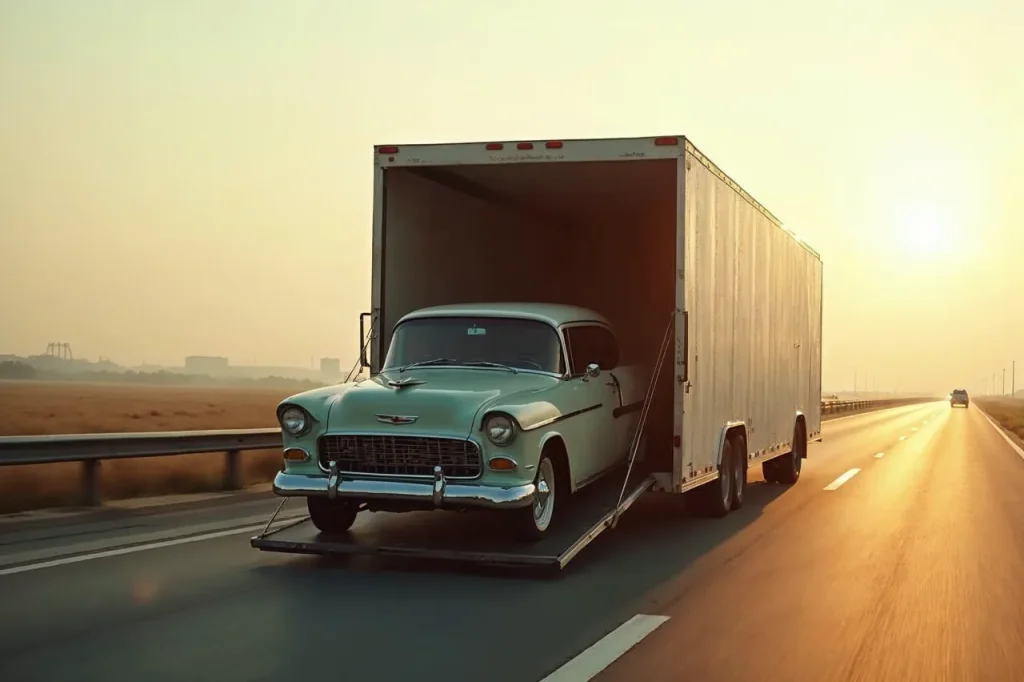 Enclosed transport lowering a classic car for auto transport in Lancaster, TX.