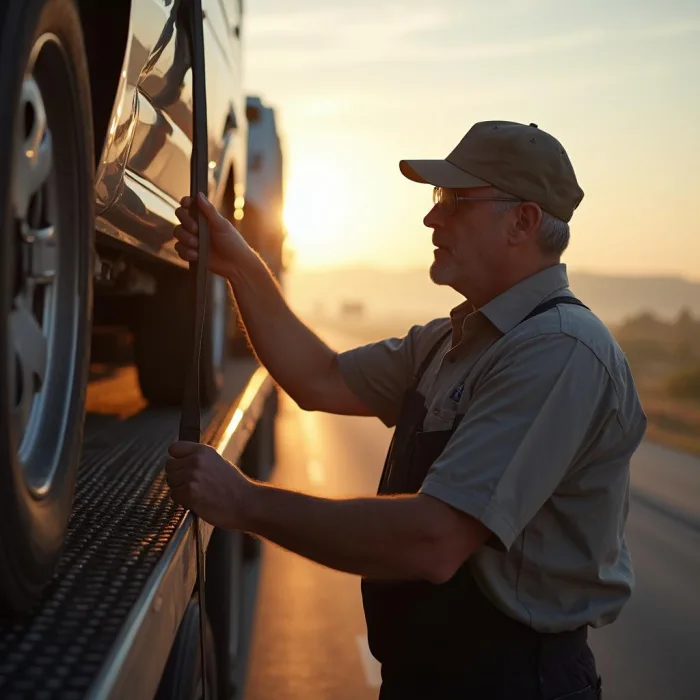 Driver checking straps on loaded car carrier on highway, auto transport services Lancaster.