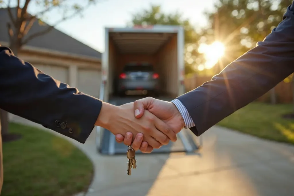 Keys handed over at vehicle delivery in residential driveway, auto transport services Lancaster.