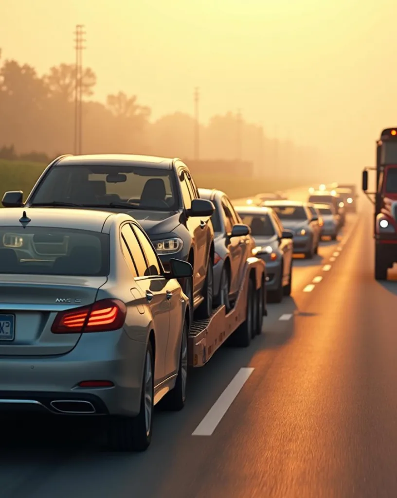 Open car carrier loaded with vehicles driving on highway, auto transport services Lancaster.