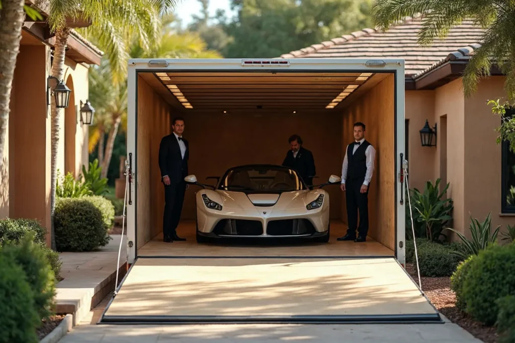 Enclosed hauler outside a luxury home in Lancaster, TX, exemplifying Door-to-Door Car Shipping.