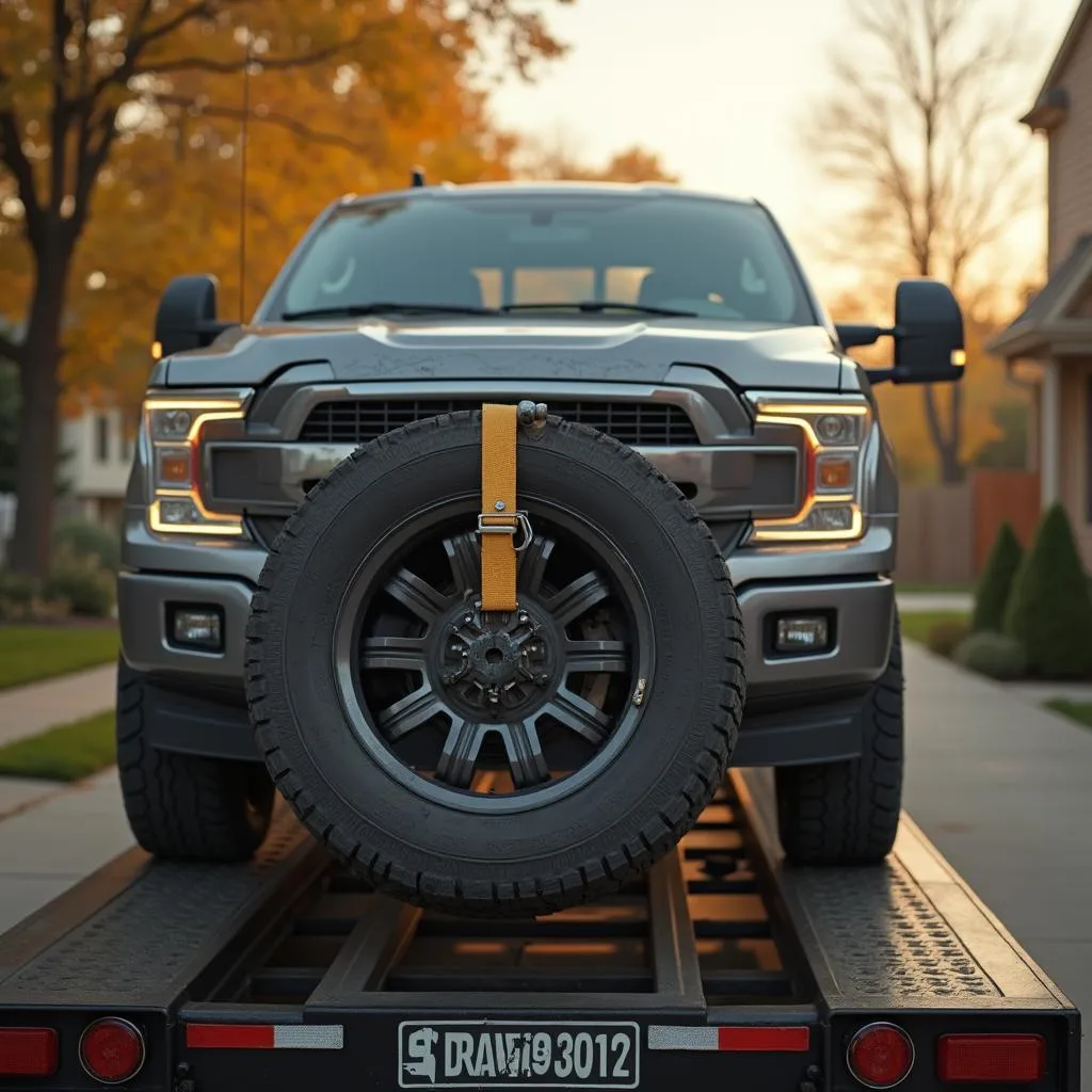 Close-up of a pickup truck on a carrier in Lancaster, TX, illustrating Door-to-Door Car Shipping.