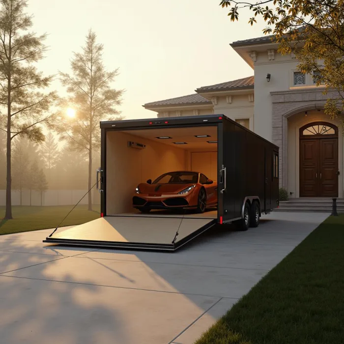 Enclosed hauler parked outside a luxury home in Lancaster, TX.
